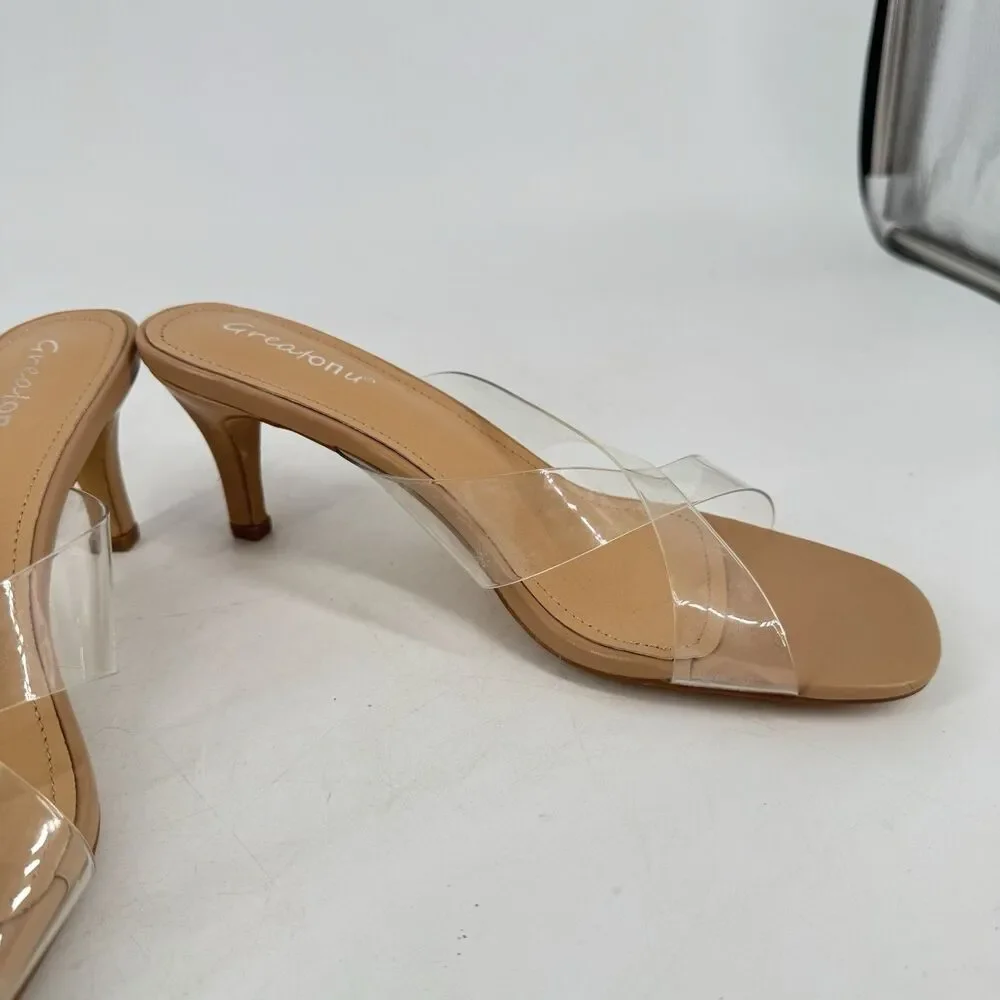 Greatonu Women’s Size 9 Clear Strap Heeled Sandals Nude Tan Square Toe